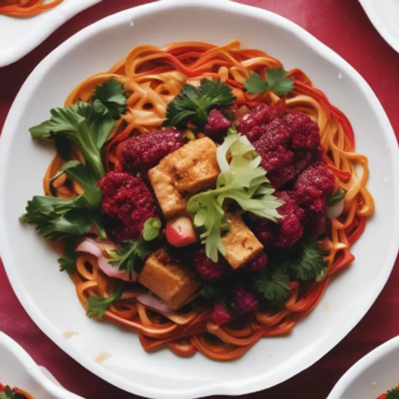 Fiery Crimson Noodles with Crispy Tofu image